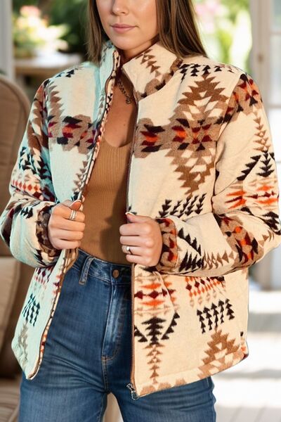 Women's vintage-inspired mock neck zip-up jacket with colorful abstract pattern