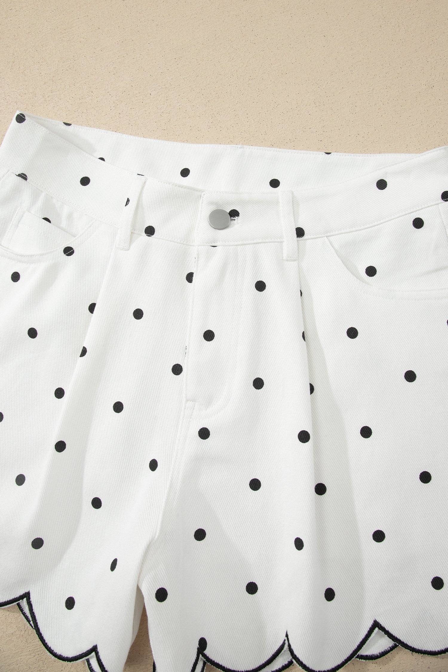 Elise Embroidered Polka Dot Scallop Hem Denim Shorts