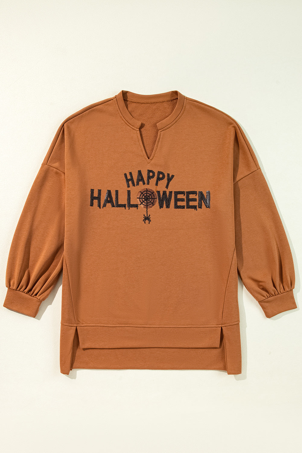 Chestnut Sequin Happy Halloween Graphic Notched Neck Loose Top