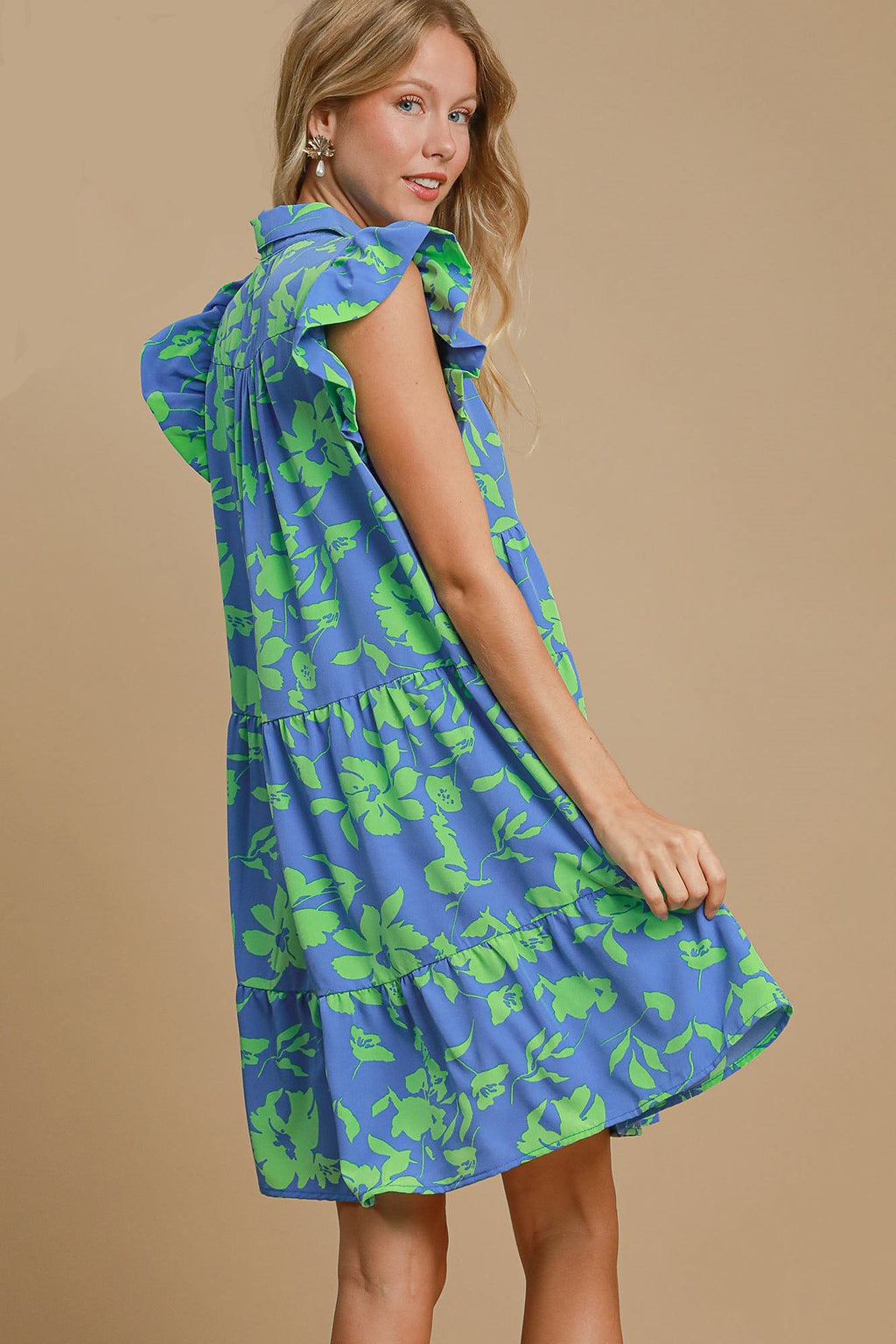 Blue and Green Floral Ruffle Cap Sleeve Dress