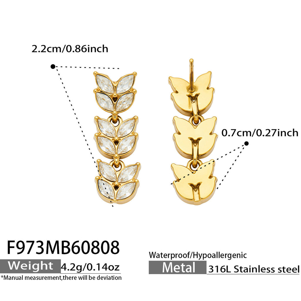 Long Wheat Shape Zircon Earrings PVD Gold Plated Titanium Steel Fashion Women Ear Jewelry For Banquet Daily Party Occasions