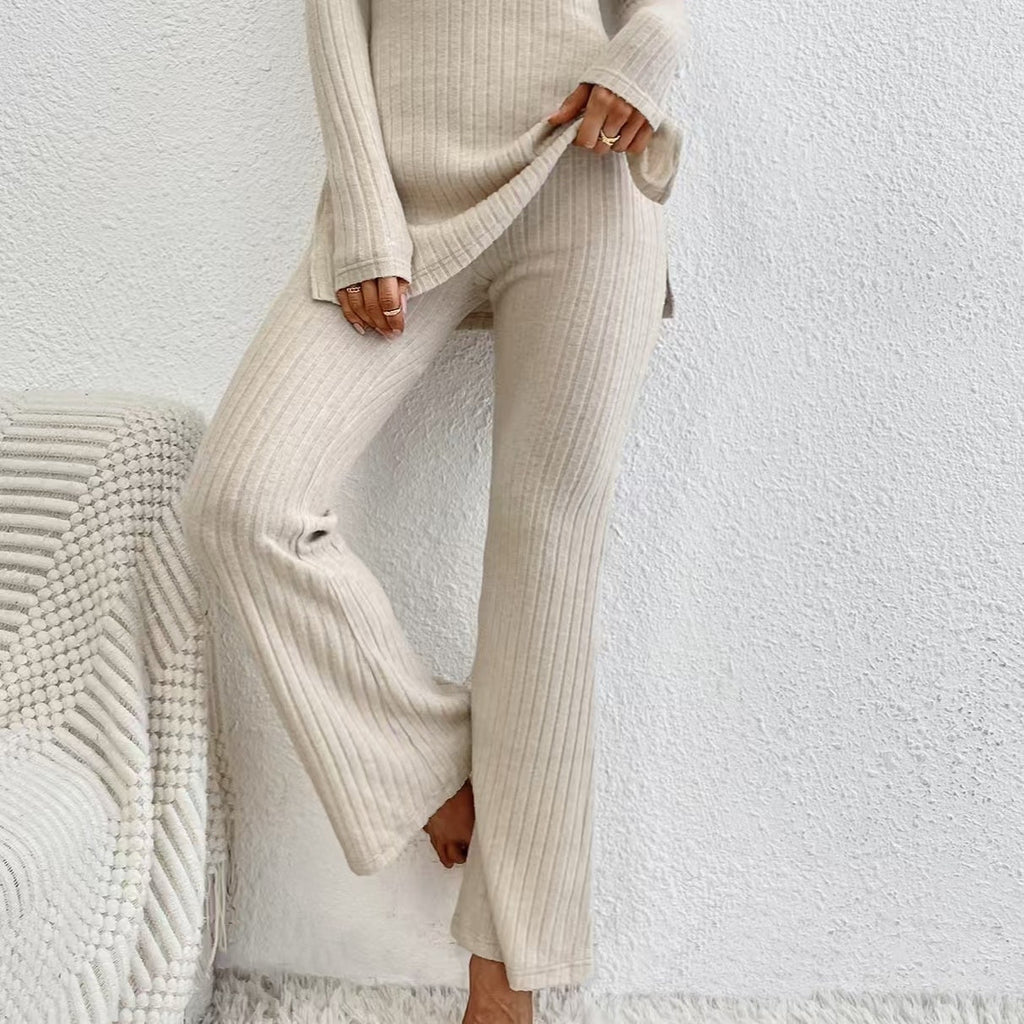 Women’s Ribbed Mock Neck Top and Wide Leg Pants Lounge Set
