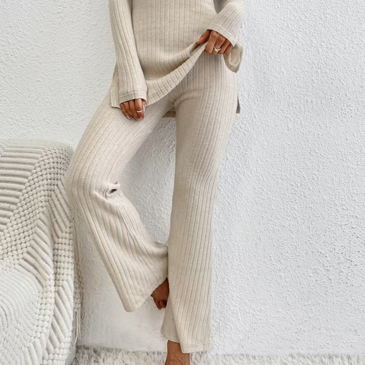 Women’s Ribbed Mock Neck Top and Wide Leg Pants Lounge Set