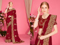 Maroon Fendi two-tone silk saree with heavy zari embroidery and zircon stone details