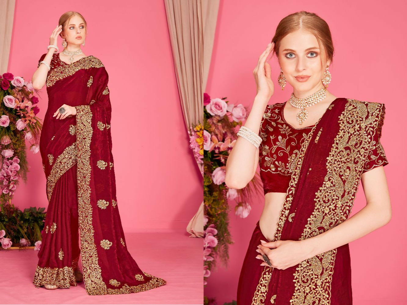 Maroon Fendi two-tone silk saree with heavy zari embroidery and zircon stone details