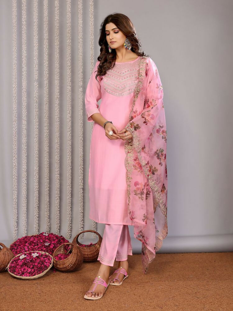Women Light Pink Roman Embroidery Stitched Kurta Set with Dupatta