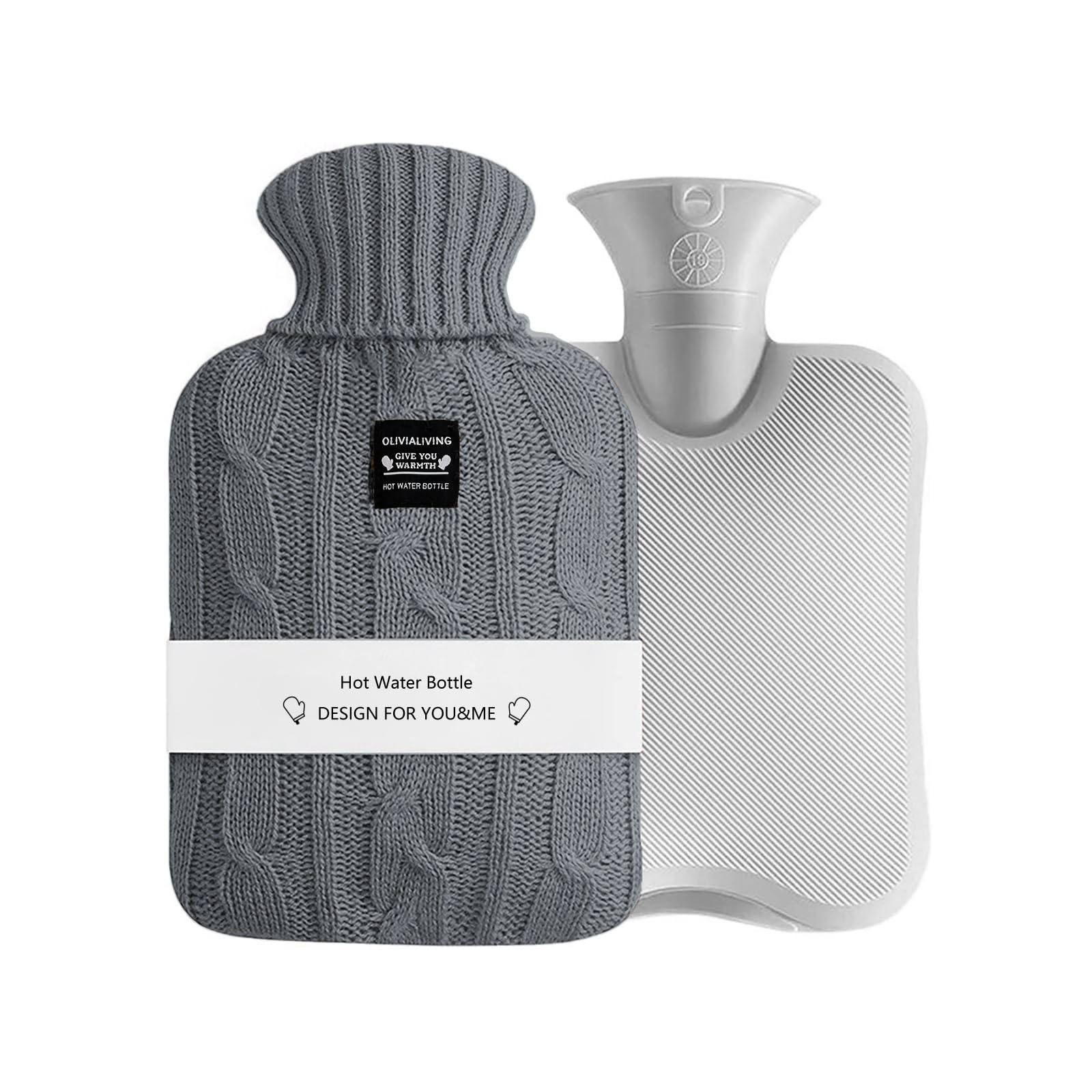 OliviaLiving Hot Water Bag Hot Water Bottle 2 Liters Heat Up and Refreezable Hot Cold Pack with Knit Cover for Pain Relief Hot Cold Therapy (Dark Gray)