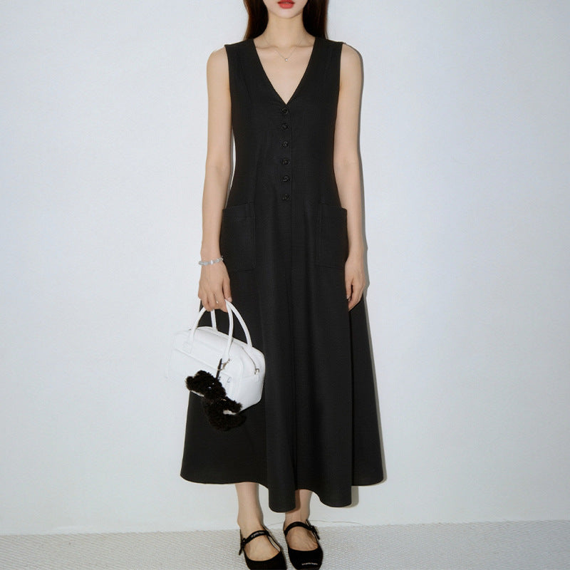 Women's V-Neck Sleeveless Button-Up Maxi Dress with Pockets - Image 3