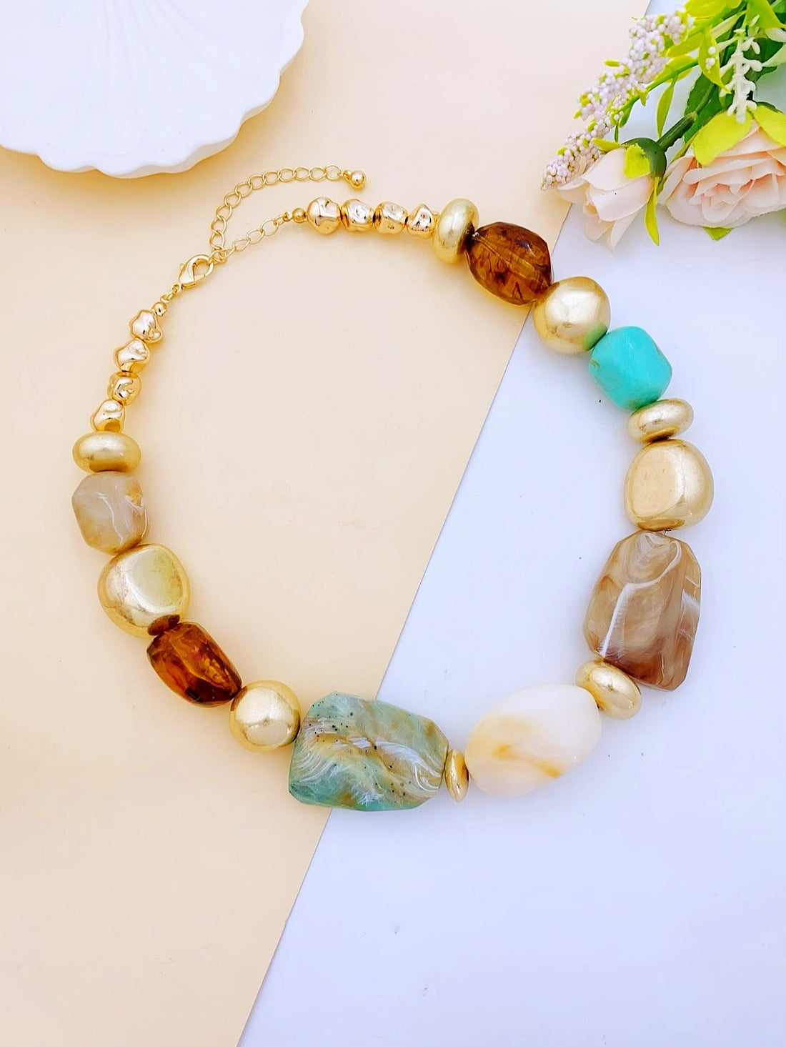 Irregular Acrylic Statement Necklace with Gold Metallic Beads