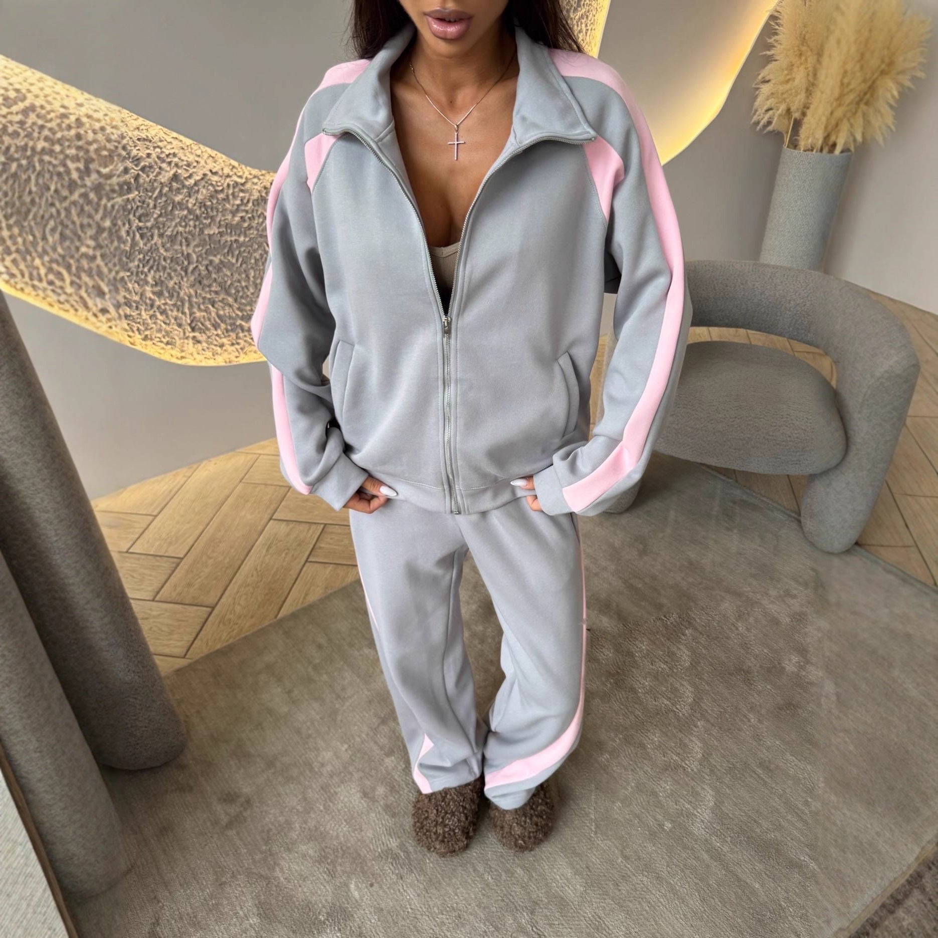 Women's Long-Sleeve Zip-Up Jacket and Track Pants Two-Piece Set - Image 2
