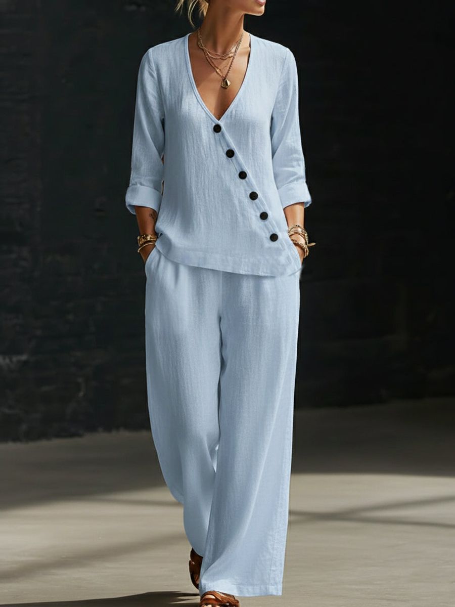Women’s V-Neck Button-Detail Shirt and Wide-Leg Pants Set