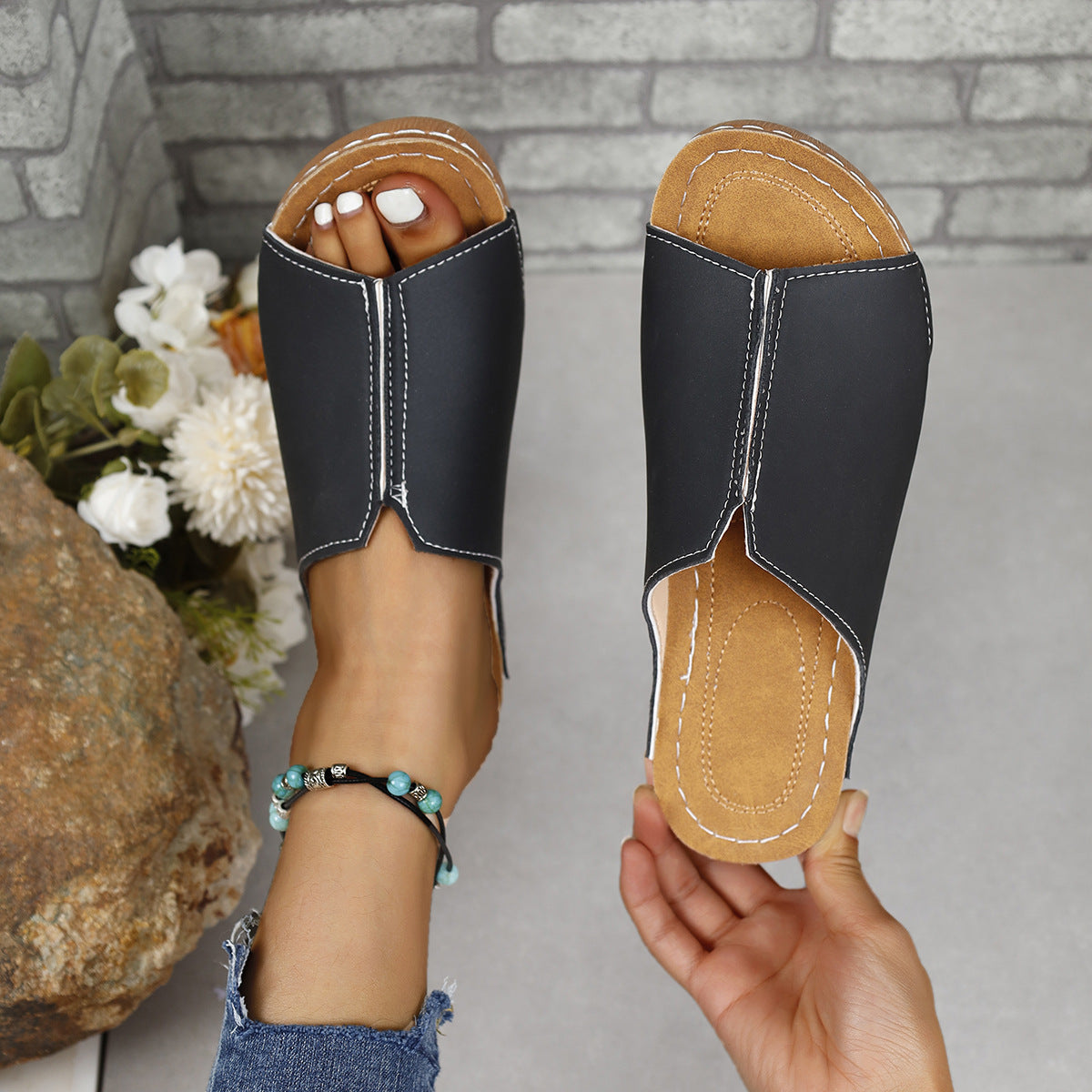 Women's Comfortable PU Leather Open Toe Low Heel Slide Sandals - Image 5