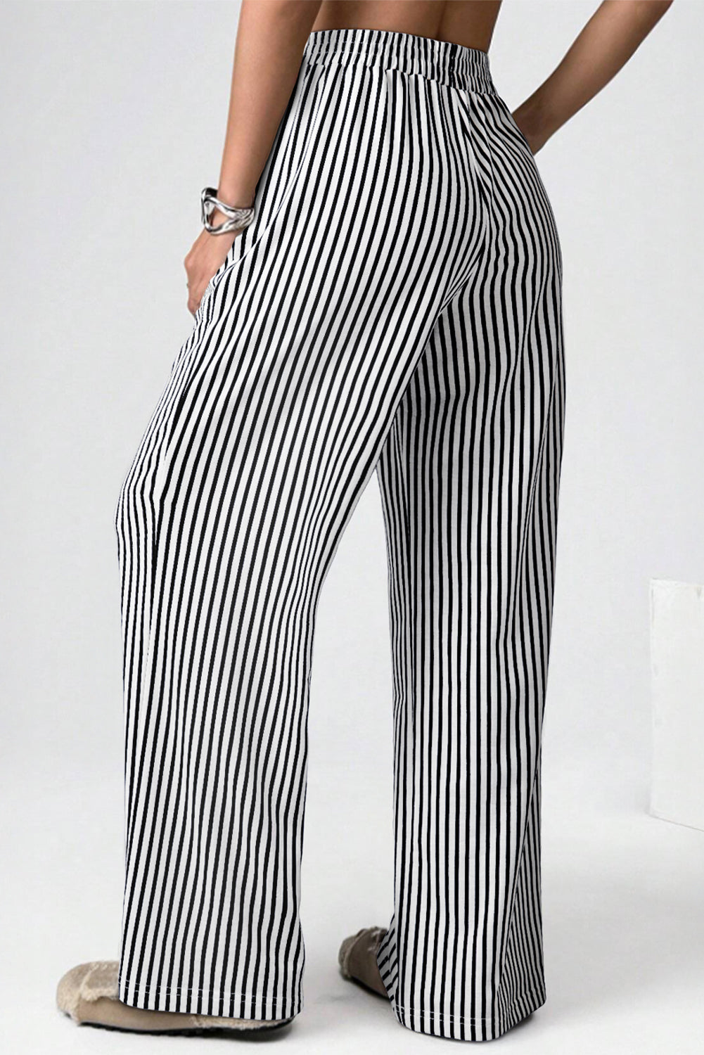 Black Stripe Elastic High Waist Loose Pants with Pockets