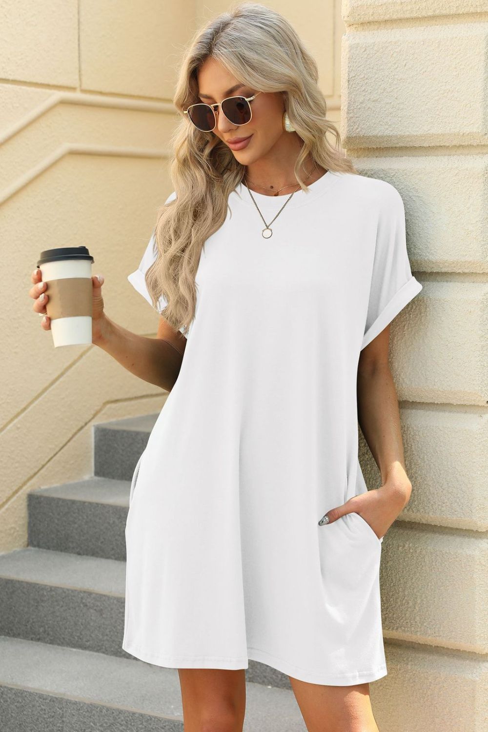 Cotton Short Sleeve Mini Dress with Pockets - Casual Everyday
