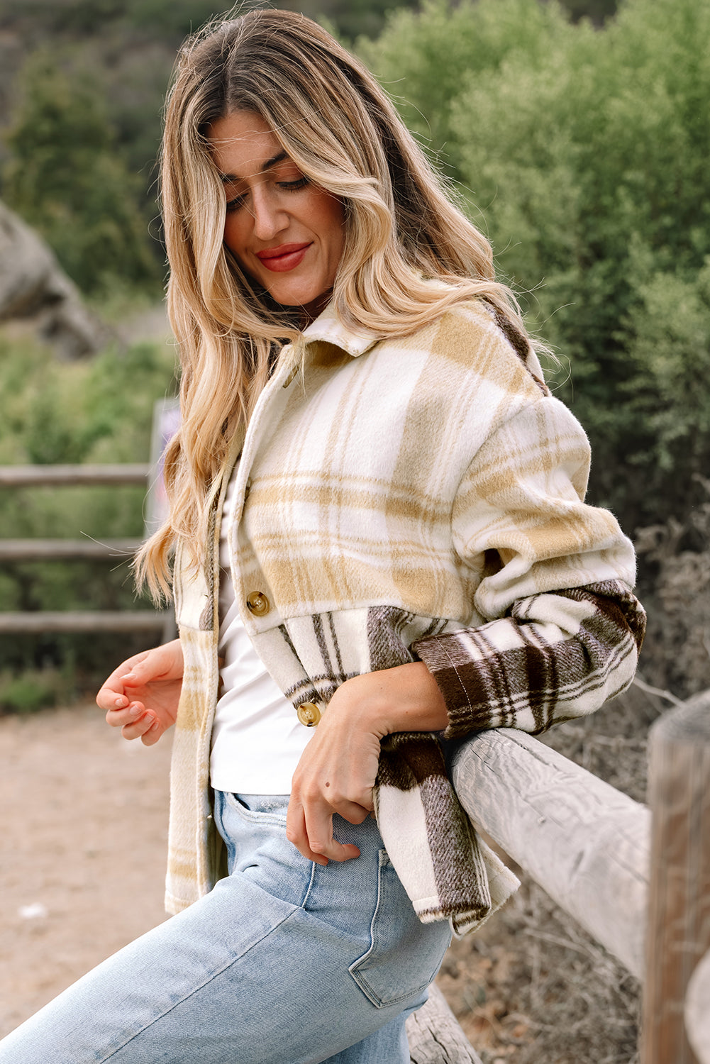 Women's Cream and Tan Plaid Patchwork Button Down Shacket - Image 3