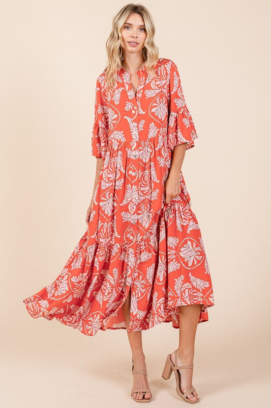 Abstract leaf print tiered mini dress with ruffle details