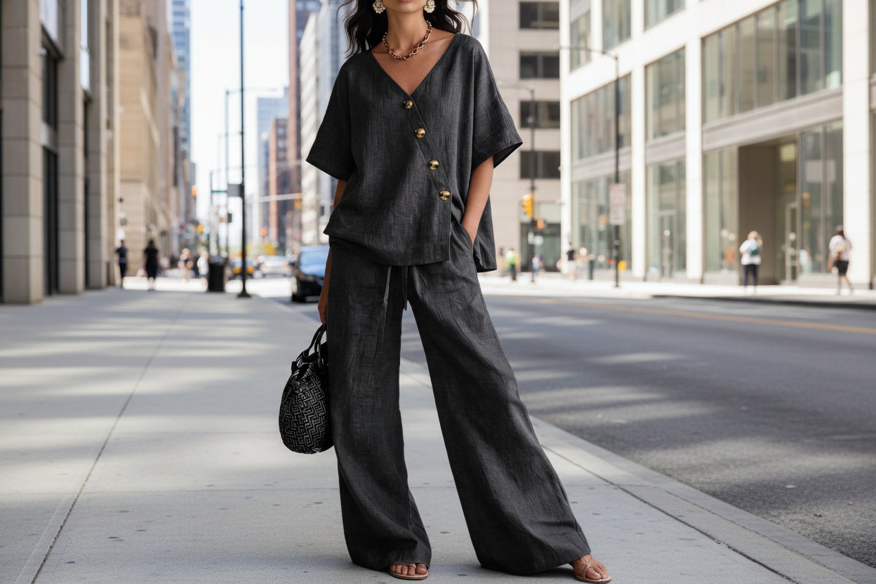 Women's V-Neck Cotton-Linen Top and Wide-Leg Pants Set - Image 2