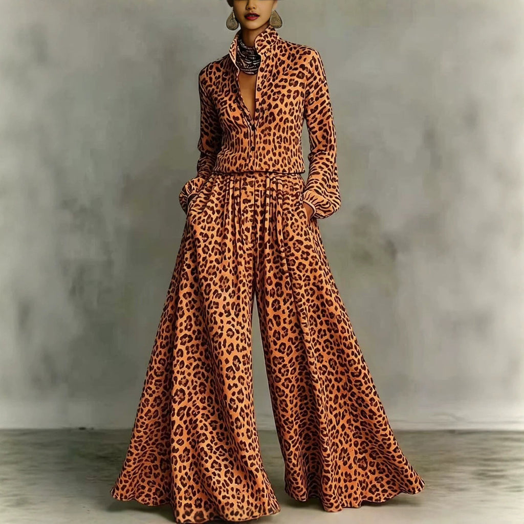 Leopard Print Wide-Leg Pants Set - Bohemian Casual Two-Piece