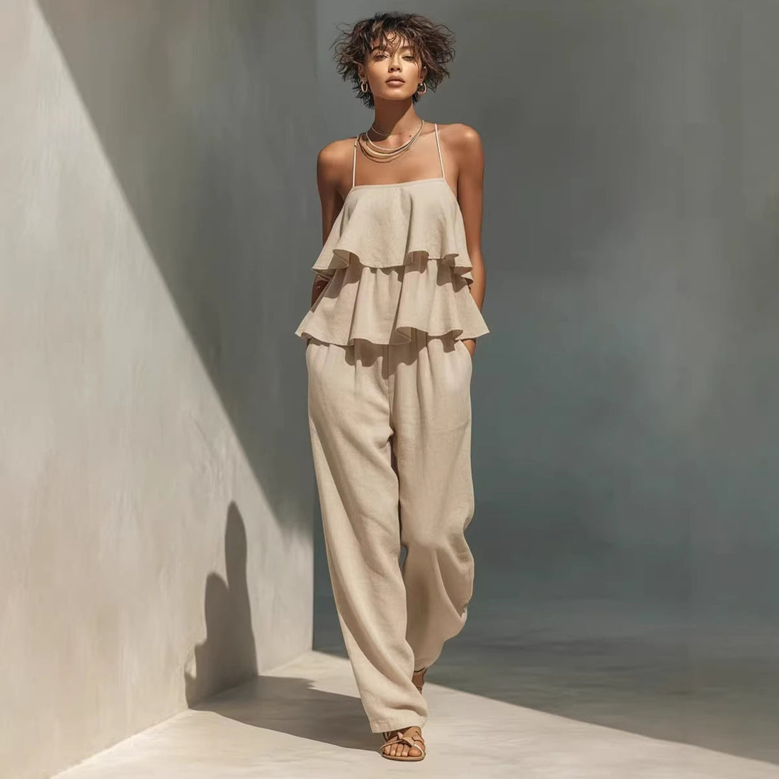 Women's Ruffled Camisole and Casual Wide Leg Pants Set