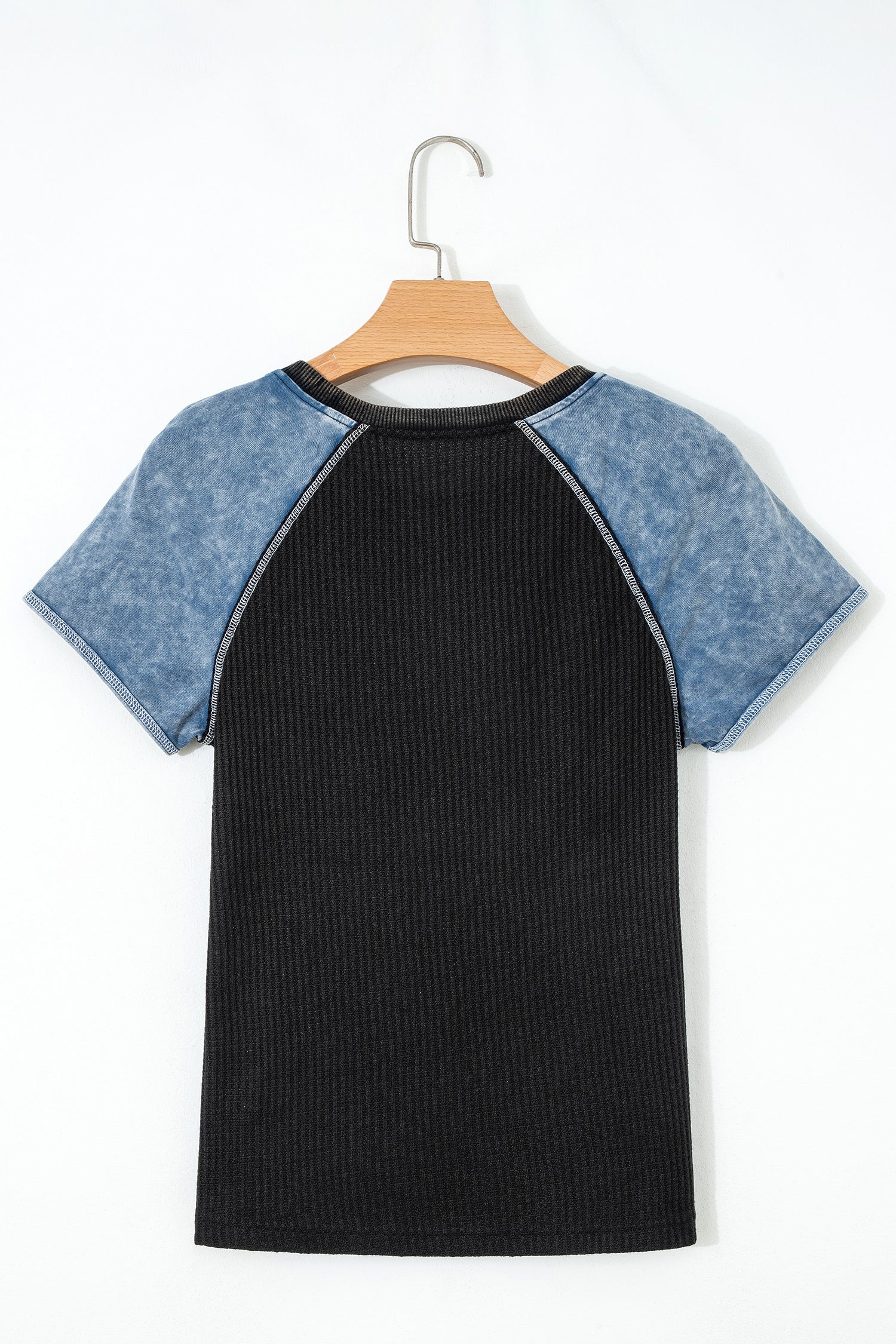 Brynleigh Patchwork Waffle Knit Short Sleeve Top in Black Blue
