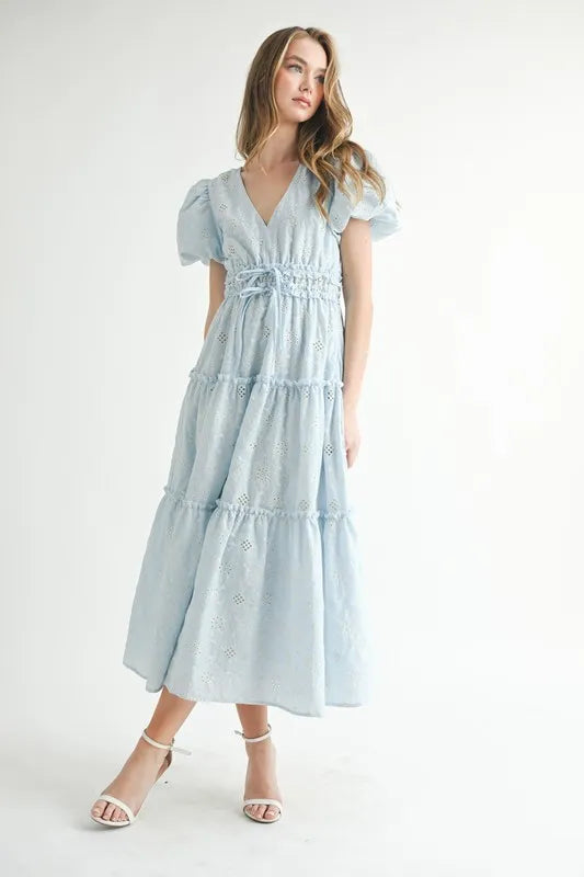 Eyelet Lace Puff Sleeve V-Neck Midi Dress