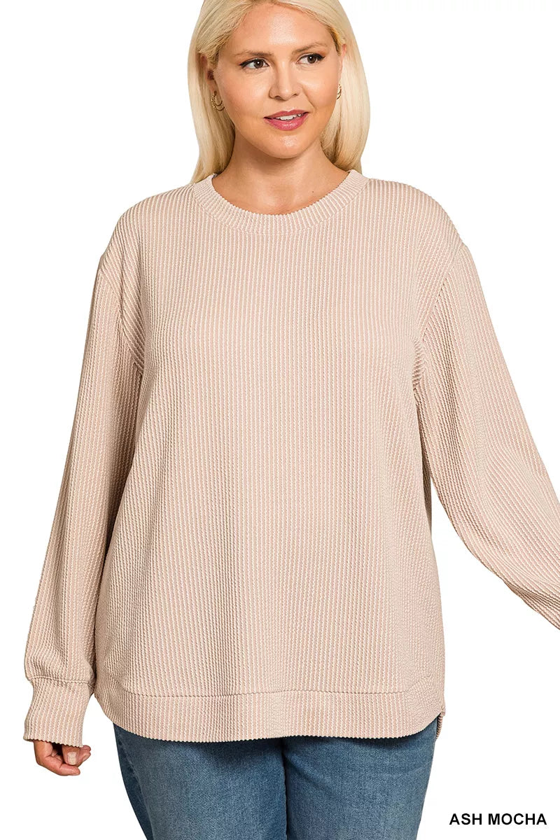 Zenana Raised Rib Long Sleeve Top | Crew Neck Knit