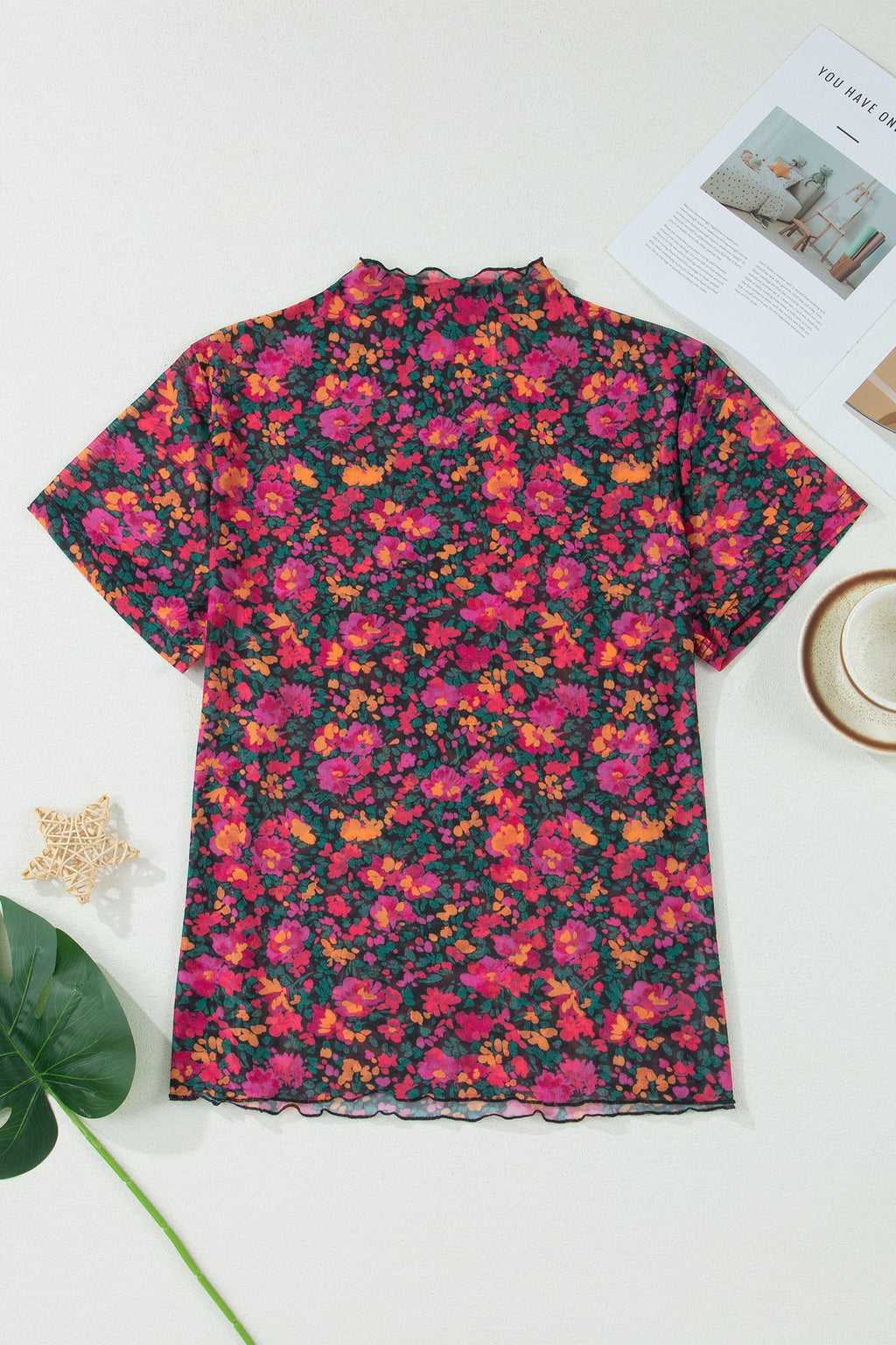 Floral Mesh Short Sleeve Top in Pink, Orange, Green, and Black