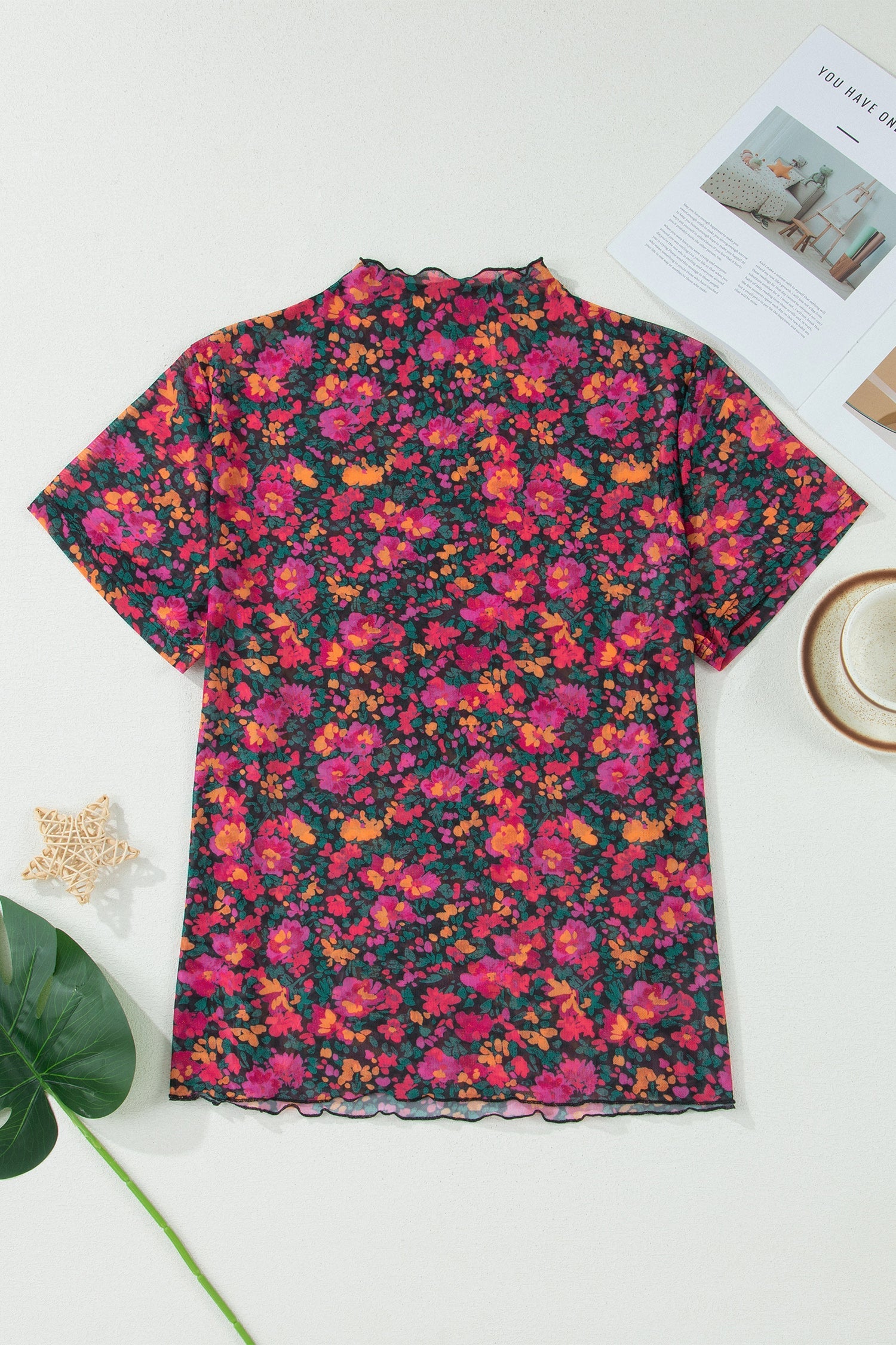 Floral Mesh Short Sleeve Top in Pink, Orange, Green, and Black