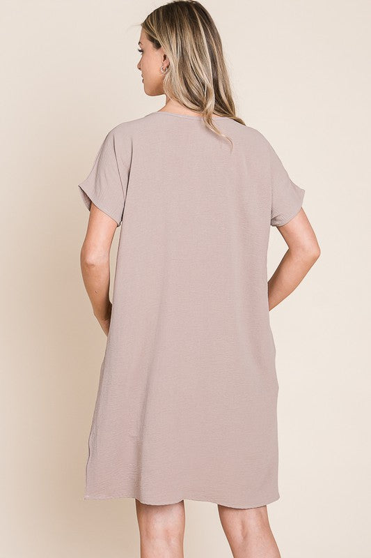 Taupe V-Neck Short Sleeve Dress with Functional Pockets