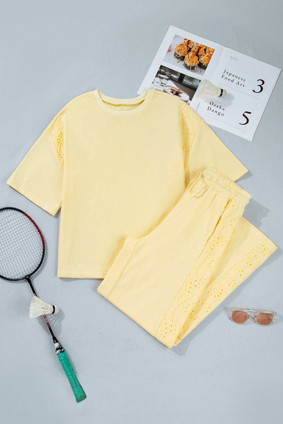 Yellow Eyelet Embroidered Patchwork Top & Wide-Leg Pants Set