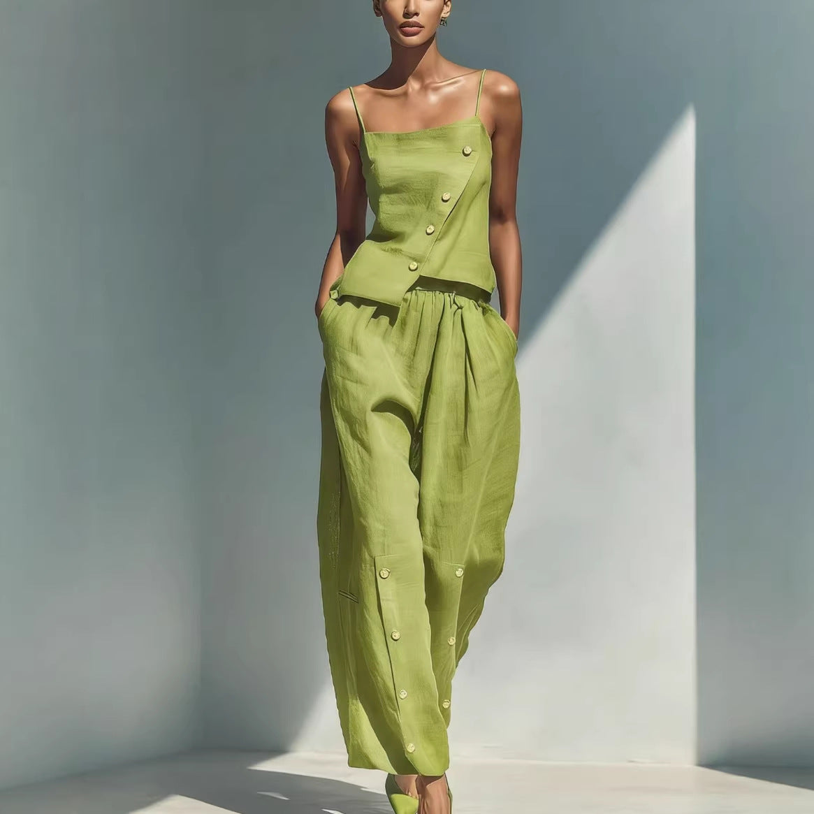 Women's Asymmetrical Button Camisole and Wide Leg Pant Set - Image 4