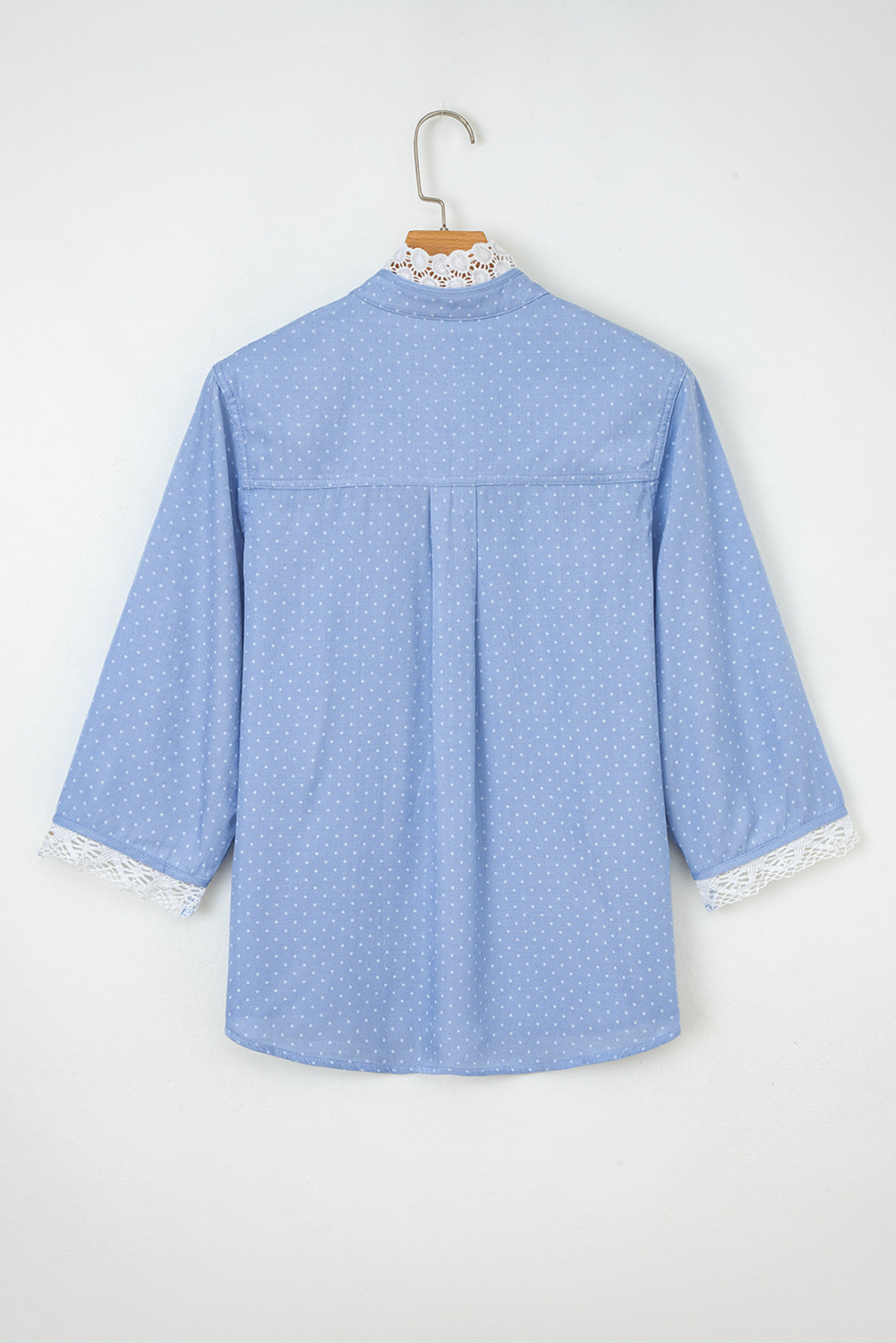 Dotted Denim Lace Trim Collared V-Neck Blouse