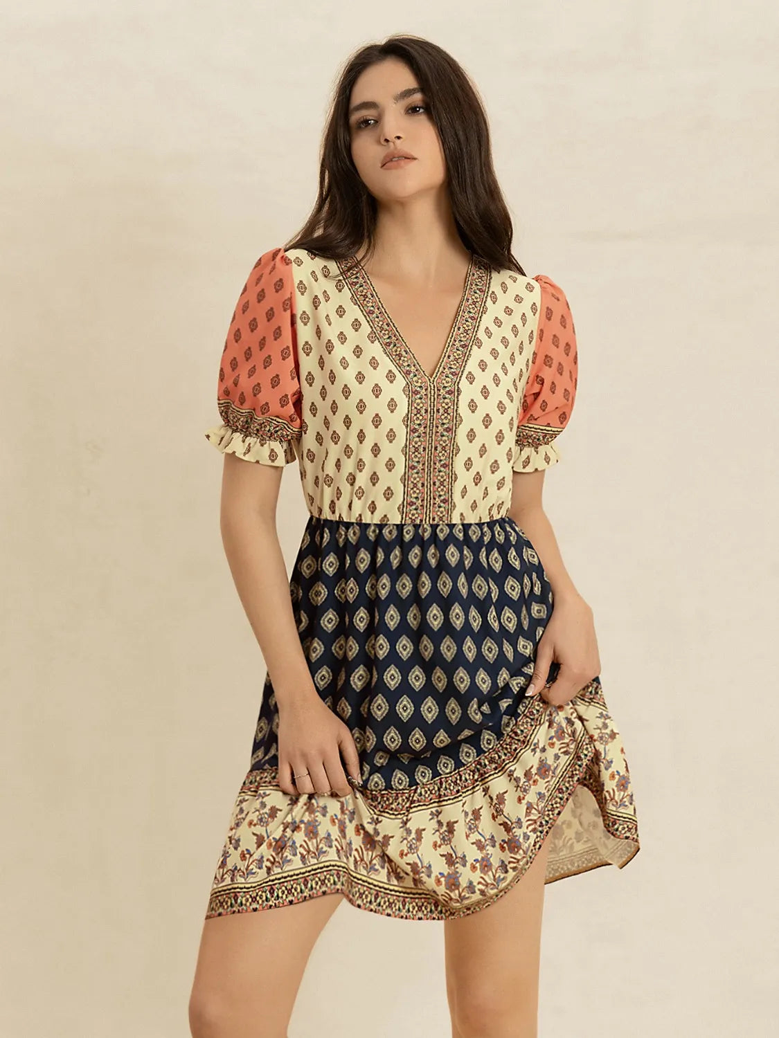 Printed V-Neck Short Sleeve Dress
