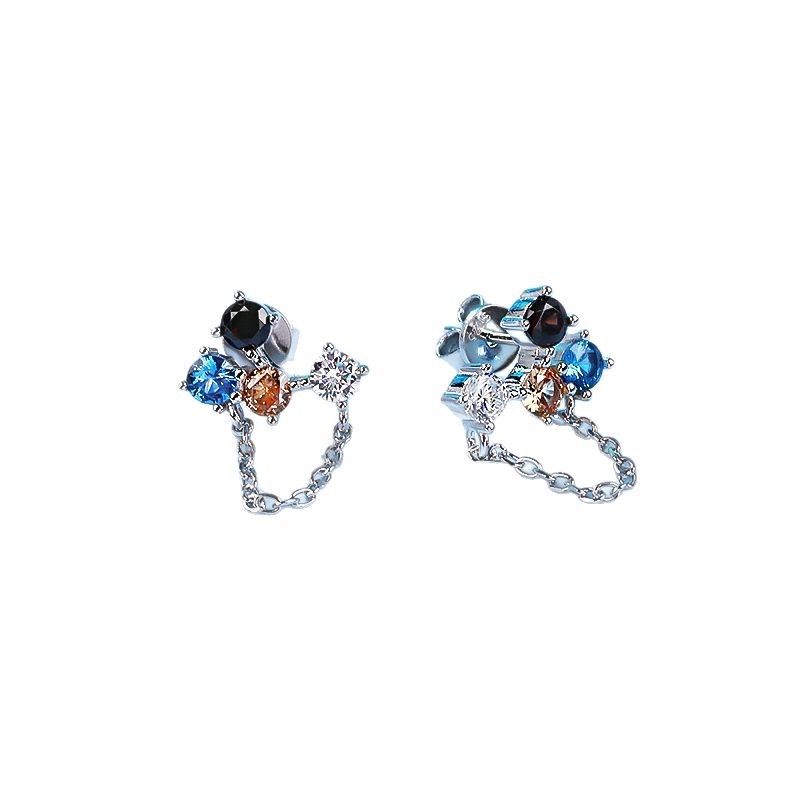 S925 Silver Asymmetric Multicolor Zircon Tassel Drop Earrings