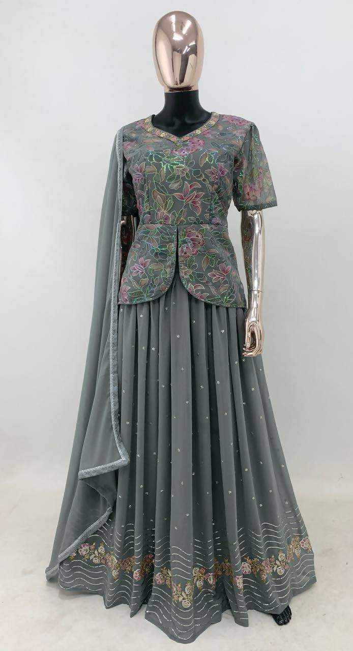 Grey Faux Georgette Embroidered Salwar Lehenga with Sequin Work