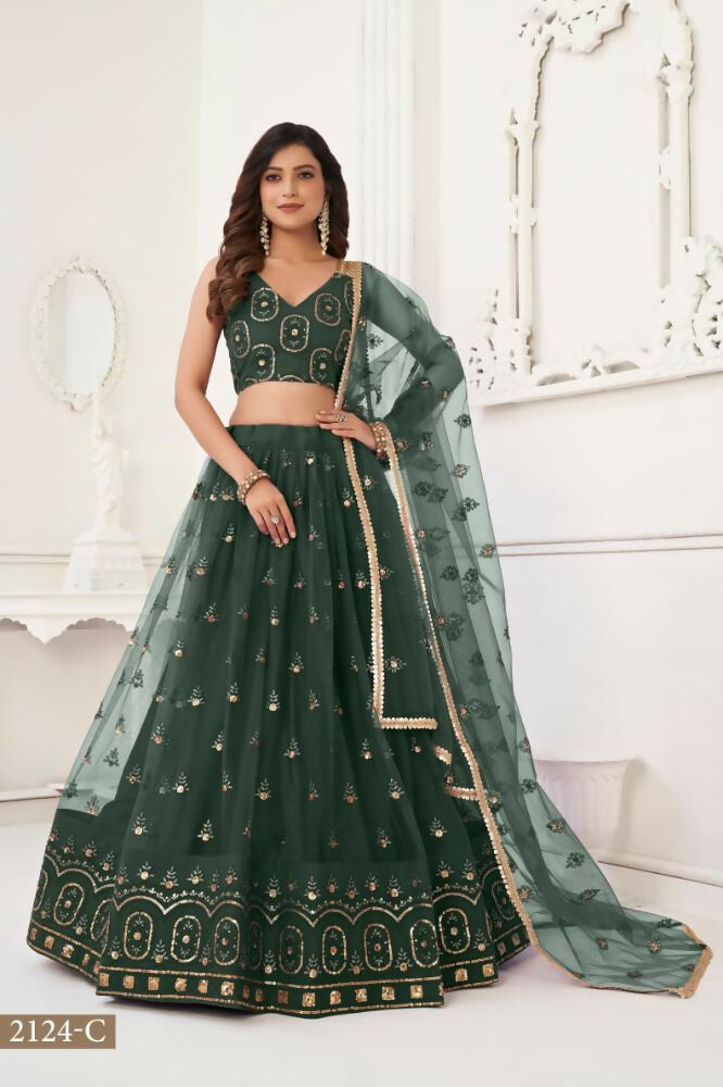 Dark Green butterfly net lehenga featuring sandwich sequence and thread work