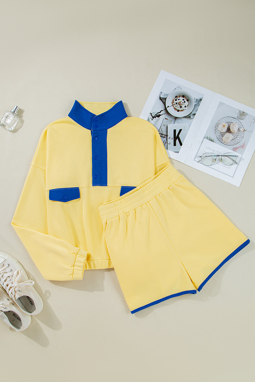 Yellow Colorblock Patchwork Half Button Pullover Shorts Set