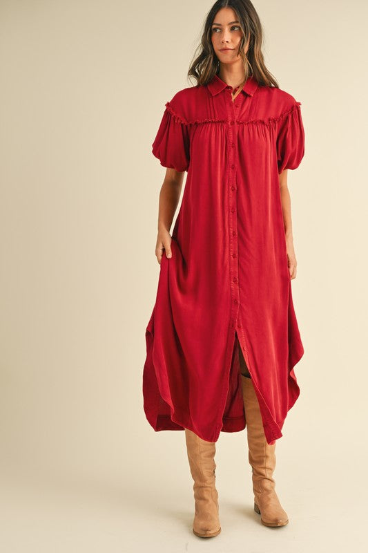 Red Mineral Washed Puff Sleeve Shirt Dress - Casual Cotton