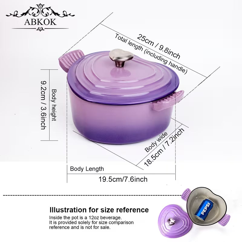 3-Quart Heart-Shaped Enamel Cast Iron Dutch Oven with Lid Purple