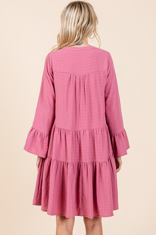 Tiered Notched Flare Sleeve Mini Dress in Mauve Dusty-Rose