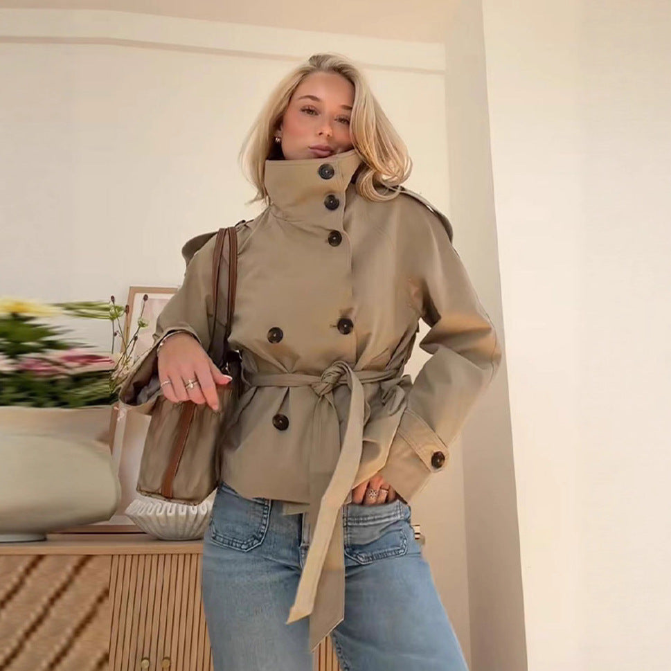 Women's Short Trench Coat with Lace-Up Waist Detail - Image 4