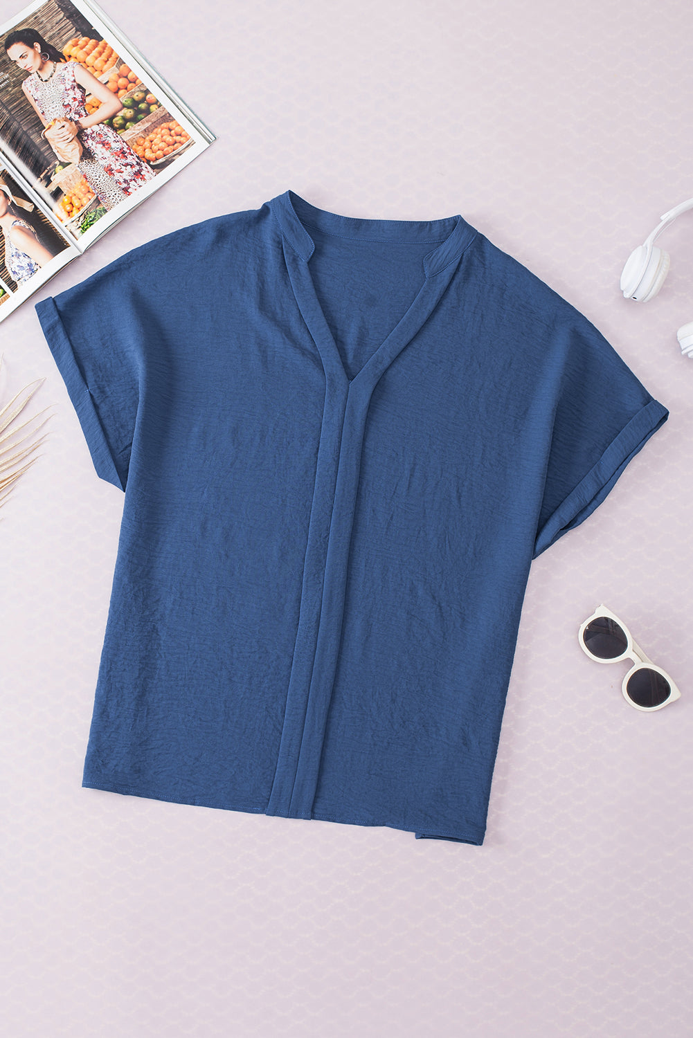 Solid Crinkle Textured Batwing Sleeve V-Neck Blouse in Blue
