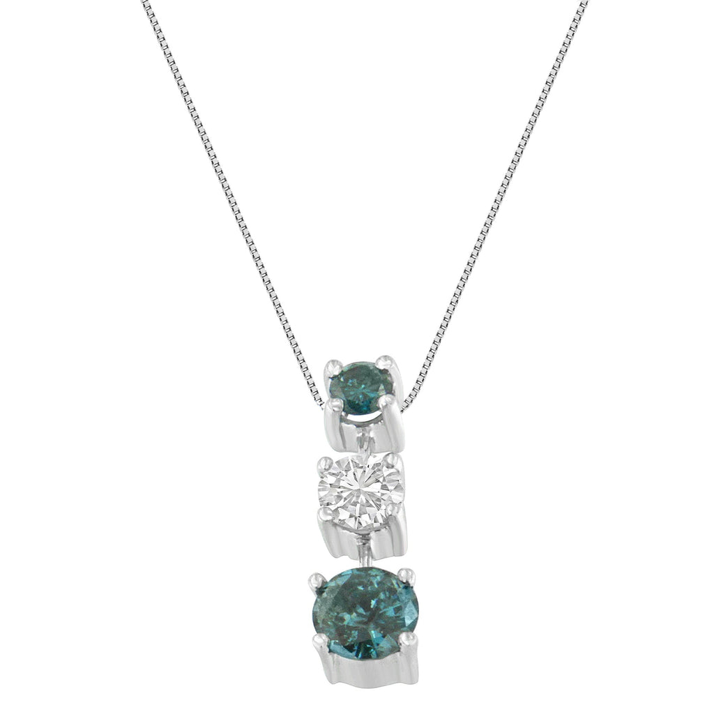 14K White Gold 1 1/2 Cttw Treated Blue and White Diamond 3-Stone 18" Pendant Necklace (Blue/H-I Color, I1-I2 Clarity)