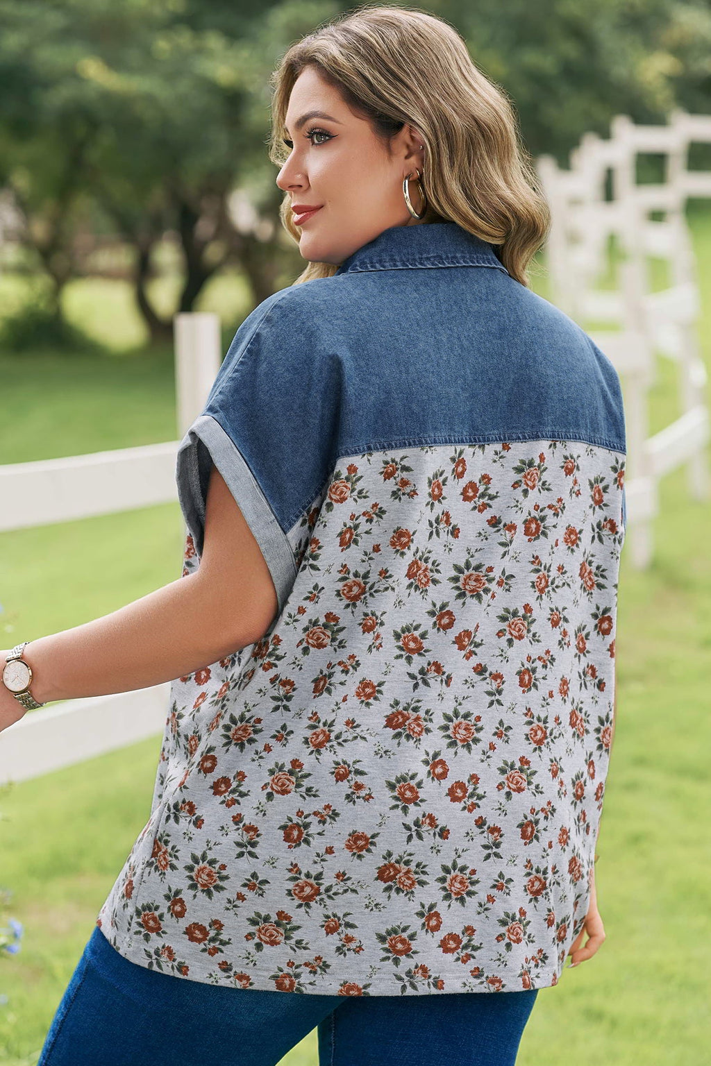 Karla Patchwork Polo Tee with Floral Print in Blue and Grey