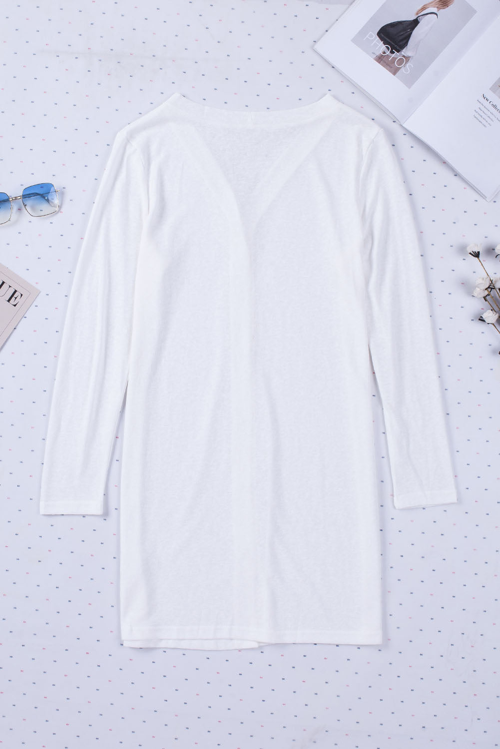 White Longline Open-Front Buttoned Cardigan - Lightweight Knit