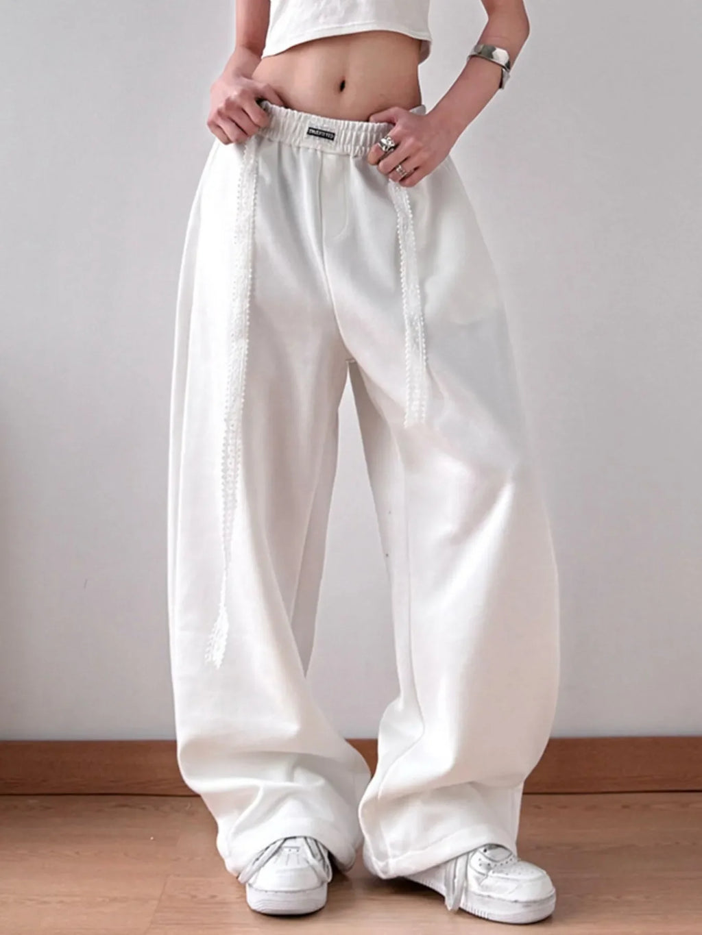 Women's Elastic Waist Wide Leg Pants with Drawstring Detail - Image 2