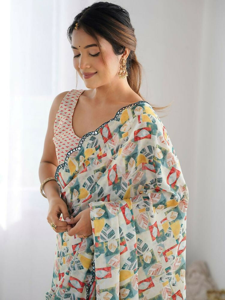 White Multi Georgette Digital Print Saree with Mirror Work