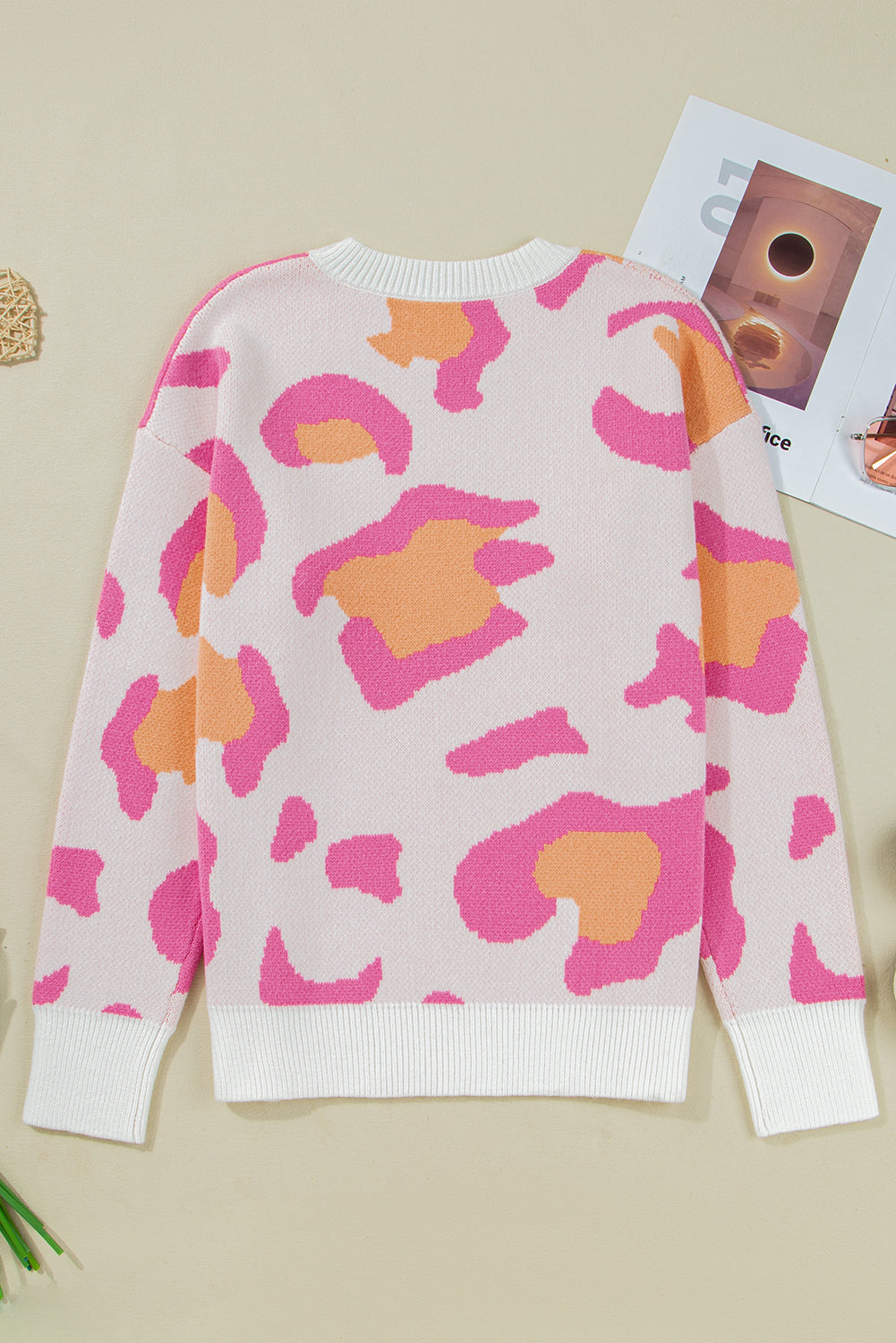 Women's Leopard Print Drop Shoulder Sweater in White, Pink, Orange