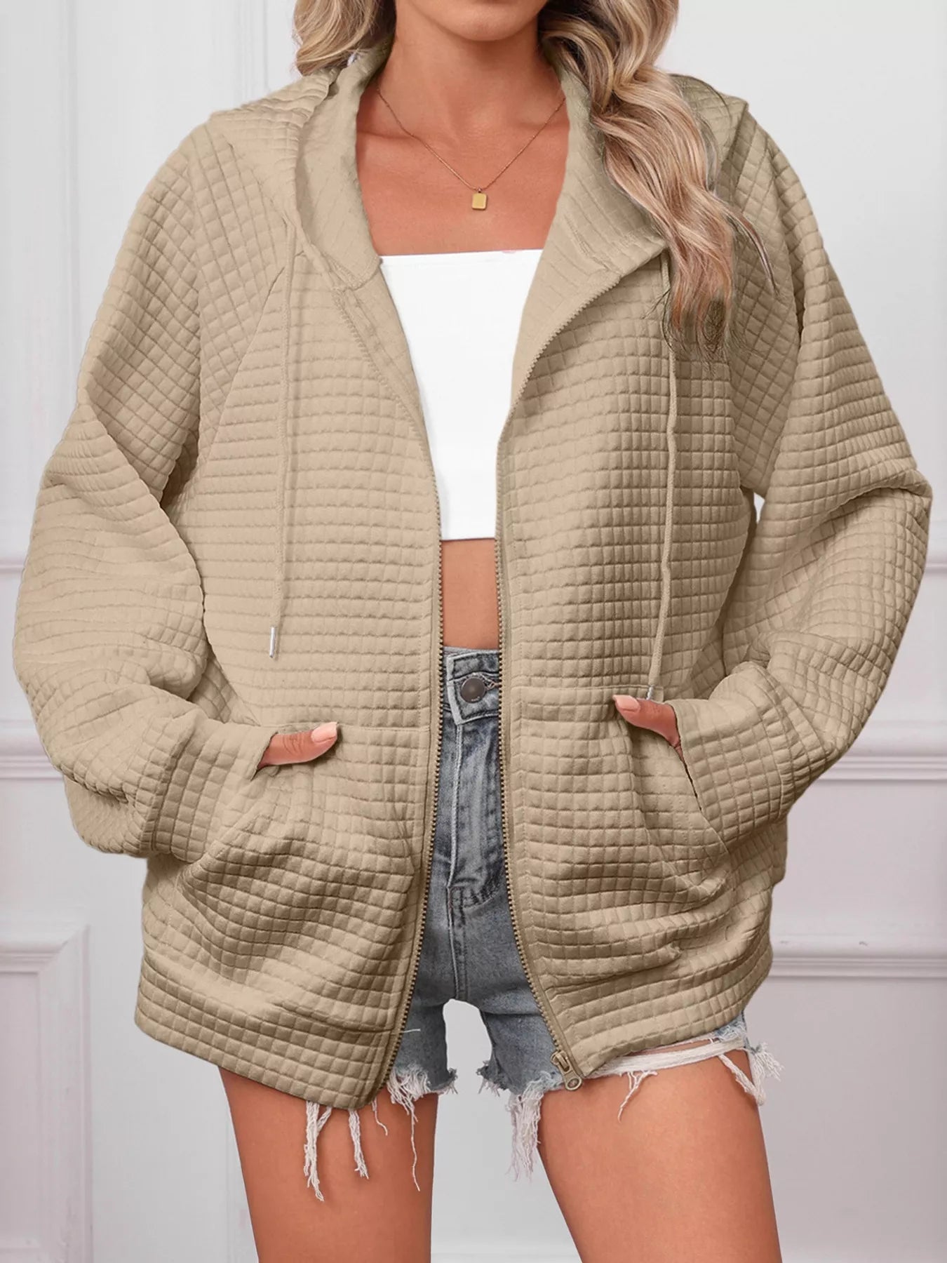 Full Size Textured Quilted Zip-Up Hooded Jacket Plus Size