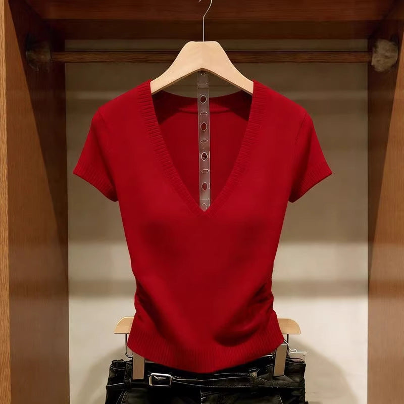 Solid Color Ice Silk Knit Top Short Sleeve Commuter Shirt